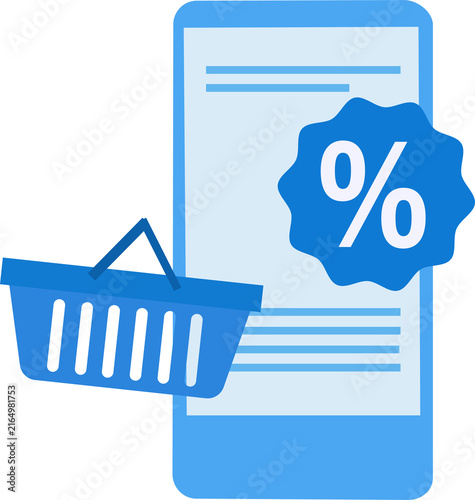 Online shopping of mobile phone with price tags. Basket with promotion tag discount coupon
