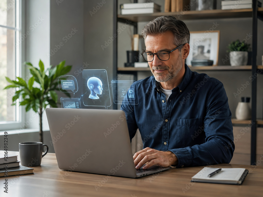 Fototapeta premium Businessman Using AI Software on Laptop