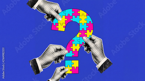 Vintage style illustration of hands assembling a colorful jigsaw puzzle in the shape of a question mark, representing problem solving and conceptual thinking.