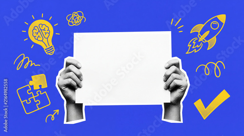 Hands holding a blank white sign on a blue background surrounded by creative business doodles like a lightbulb, rocket, and puzzle pieces.