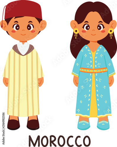 Bild auf Leinwand Cute Moroccan boy and girl wearing traditional Djellaba and Kaftan flat vector i