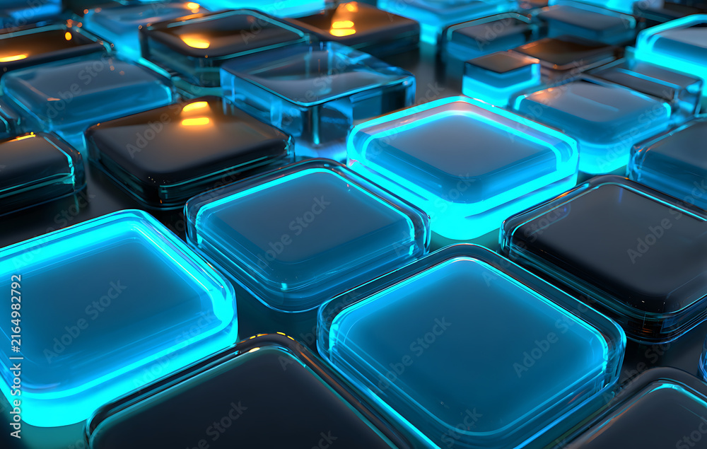 Fototapeta premium Electric blue cobalt glowing square pattern background, 3D render