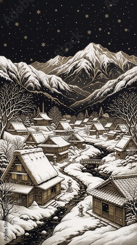 華やかな雪深い日本の山村の縦型和風背景
