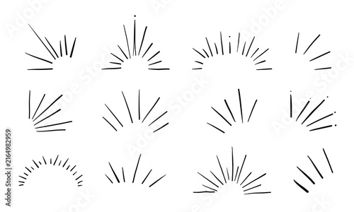 Set of hand drawn black sunburst and ray shapes isolated on white background. Simple line doodles for design, frames, logos, highlights, posters, and decorative accents.