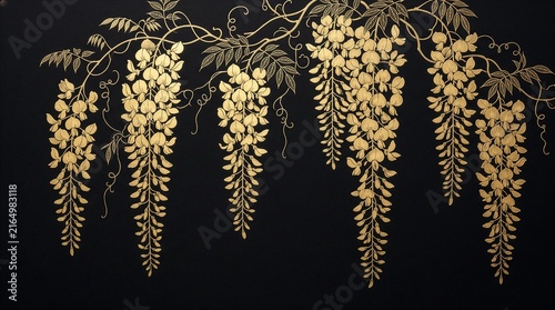 華やかな垂れ下がる金色の藤の花の横長和風背景