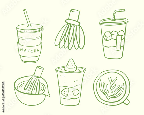 Hand drawn green line art set of matcha drinks and tea tools, including cups, whisk, bowl and latte top view, on a light background.