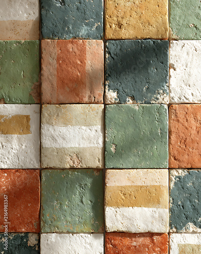 Terracotta and sage green earthy square pattern background, 3D render