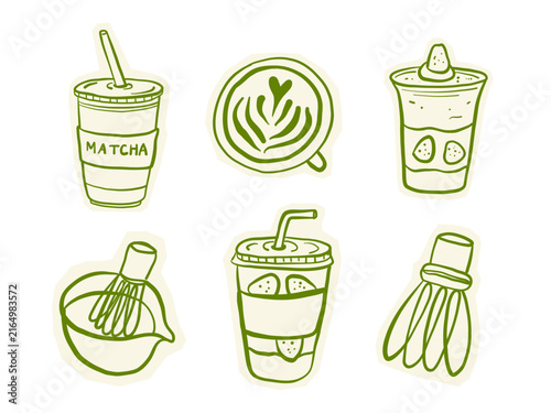 Green line icons of matcha drinks and tools on a white background, including cups, latte art, whisk and bowl. Clean simple food illustration for cafe, menu or packaging use.