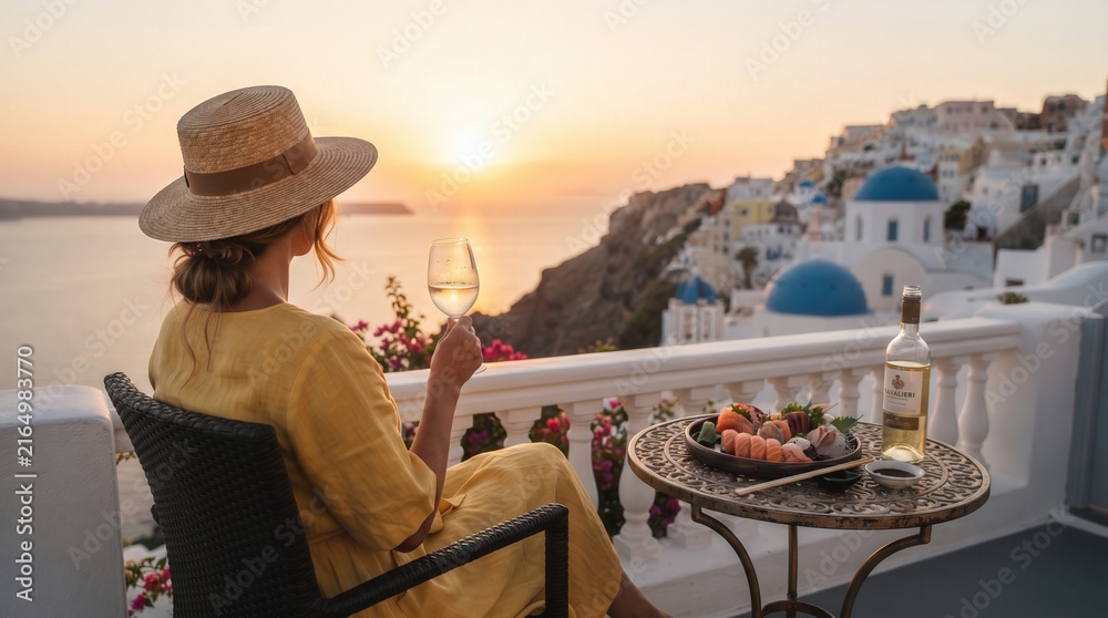 Fototapeta premium Woman sit on balcony drink wine watch sunset in Santorini for luxury Mediterranean travel lifestyle