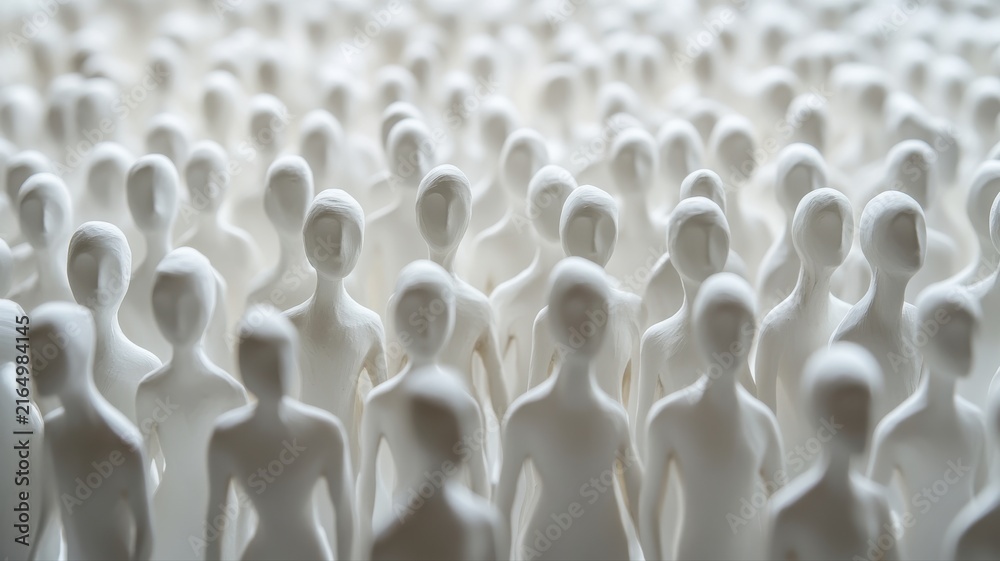 Fototapeta premium Abstract scene of numerous white blank human mannequin figures in a minimalistic studio setting, symbolizing diversity, anonymity, and collective identity