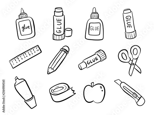Hand drawn black and white doodle set of school and craft supplies, including glue, ruler, pencil, scissors, tape, apple and cutter, isolated on white background