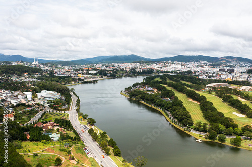 Da Lat highland landscape with lake, jungle and mountains - Aerial Drone Photo