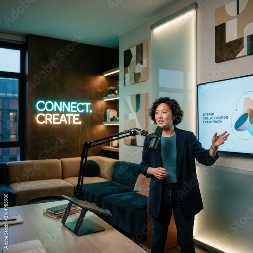 Dynamic Businesswoman Engages Audience With Presentation And Podcast Recording In Modern Office