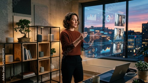 Dynamic Businesswoman Interacting With Futuristic Holographic Display And Video Conference