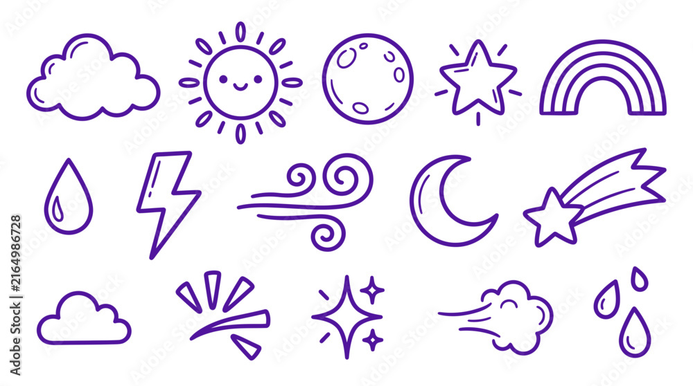 Fototapeta premium A collection of cute, hand-drawn weather and celestial icons in purple outline, featuring a smiling sun, moon, stars, clouds, rainbow, lightning, wind, and rain.
