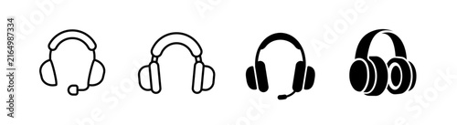 Headphones icon, set of 4, editable stroke and flat style