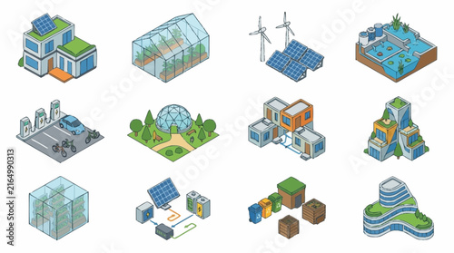 Colorful isometric illustrations of eco-friendly buildings and green energy.