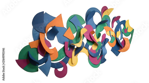 Abstract flowing paper shapes in vibrant colors forming a dynamic  composition on white