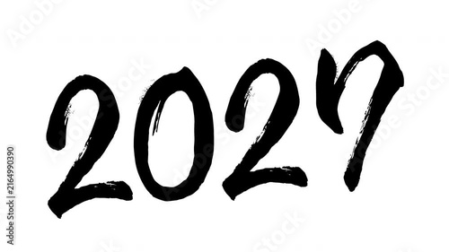 2027 Brush Calligraphy Number Animation, black ink on white background, New Year