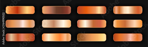 Realistic bronze golden gradient texture pack 12 in 1. Fill and stroke effects. Shiny gold copper metal foil gradient set. Metallic shiny buttons with shadows. Vector illustration