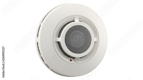Electronic smoke detector device with circular sensor housing, realistic 3D product render