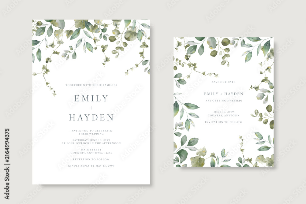 Fototapeta premium Greenery wedding invitation and save the date template card set with watercolor botanical leaves and vines on a white background