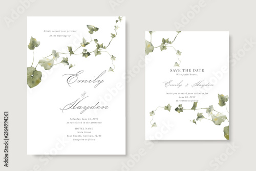 Greenery wedding invitation and save the date template card set with watercol...