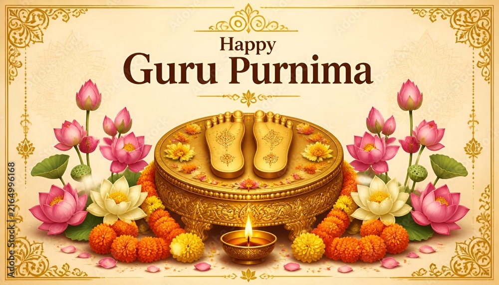 Naklejka premium Happy guru purnima greeting with traditional paduka sandals and flowers