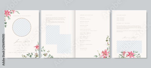 Elegant floral funeral program template, pink Lilium Sorbonne and leaves memorial service vector