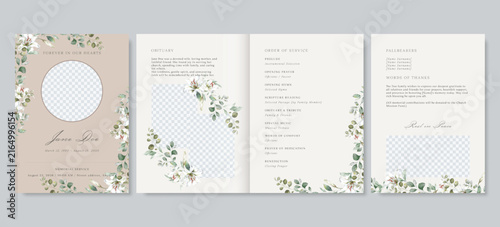 Elegant floral funeral program template, white casablanca lily and leaves memorial service vector