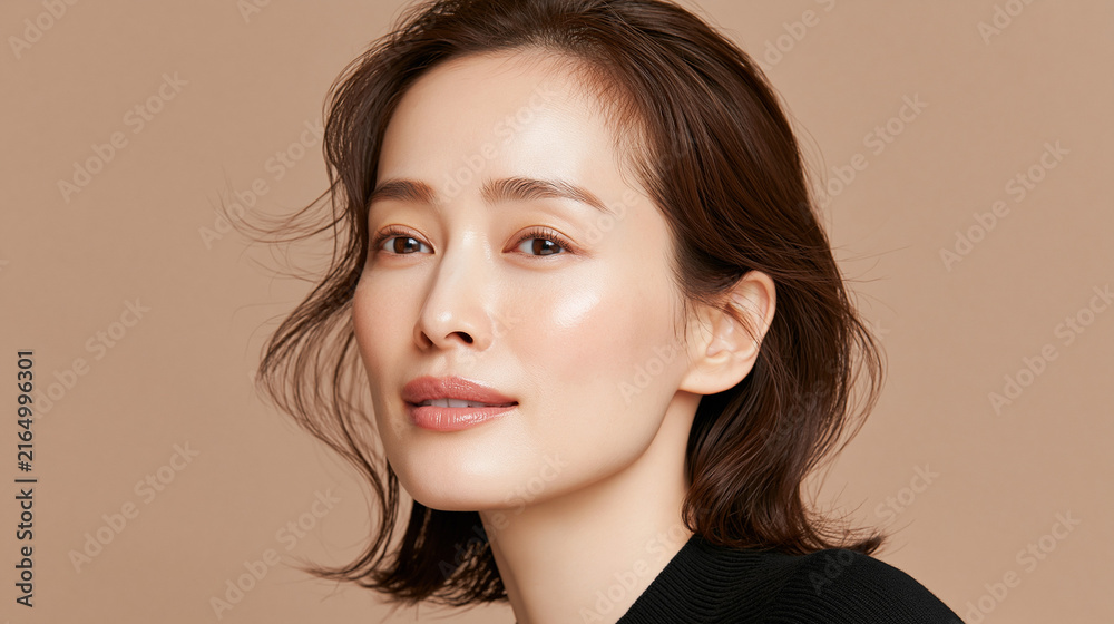 Fototapeta premium 美容, 女性, スキンケア, 化粧品, ビューティー, 若い女性, 美肌, 日本人, アジア人, フェイシャル, メイク, 美容液, 保湿, クリーム, エイジングケア, 美容医療, エステ, 美容クリニック, 肌ケア, ナチュラルメイク, 透明感, ツヤ肌, モデル, 笑顔, ポートレート, クローズアップ, リラックス, 癒し, 健康的, 美白, コラーゲン, ヒアルロン酸, アンチエイジング