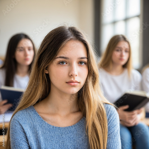 young caucasian female student in blue sweater sitting in classroom with blurred classmates