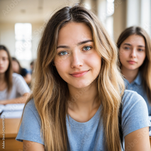 close up portrait of a cheerful young caucasian woman with blonde hair wearing a blue shirt inside a bright classroom with a blurred background of students