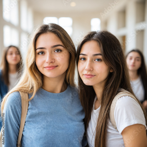 portrait of two attractive young caucasian women with long hair wearing casual clothes standing in a bright university hallway with a blurred background of students