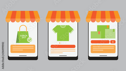 Modern flat illustration showcasing a mobile e-commerce shopping experience with three smartphone screens featuring online checkout, clothing products, shopping bags, product listings, and purchase in