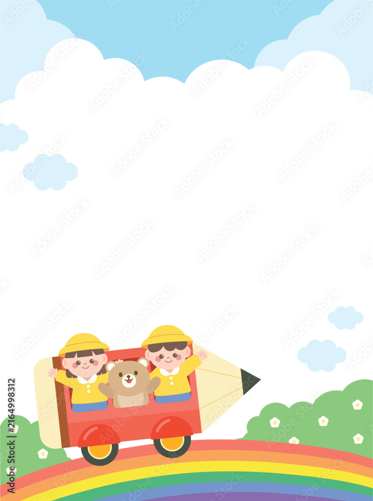 Naklejka premium Cute Kindergarten Children Pencil Frame with Clouds and Blank Copy Space
