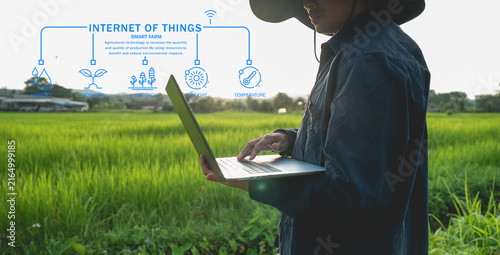 Farmer using laptop in rice field with IoT technology icons illustrating smart farming benefits