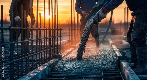 Construction Workers Pouring Concrete During Sunset Hour