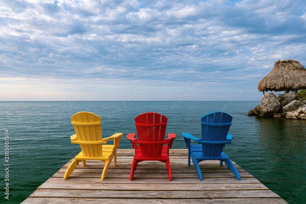 Fototapeta premium Three colorful Adirondack chairs sit on a wooden pier overlooking the ocean under a cloudy sky. A perfect concept for summer vacation and travel relaxation.