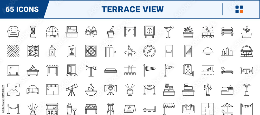 Naklejka premium Rooftop Venue View line icon set. Vector pictograms of terrace, skyline, bar, and lounge elements, thin linear illustration.