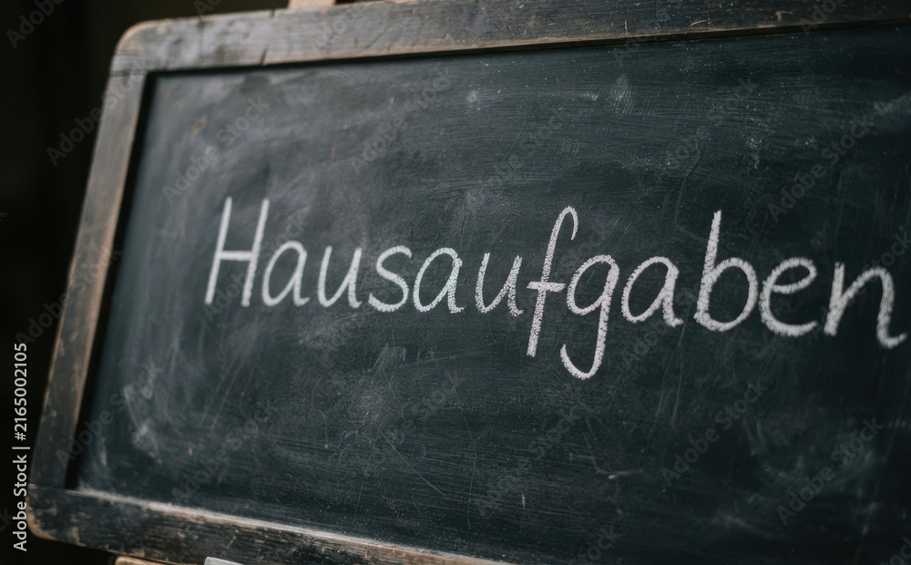 Fototapeta premium Hausaufgaben auf Tafel geschrieben fur Bildung und Schule in einem Klassenzimmer