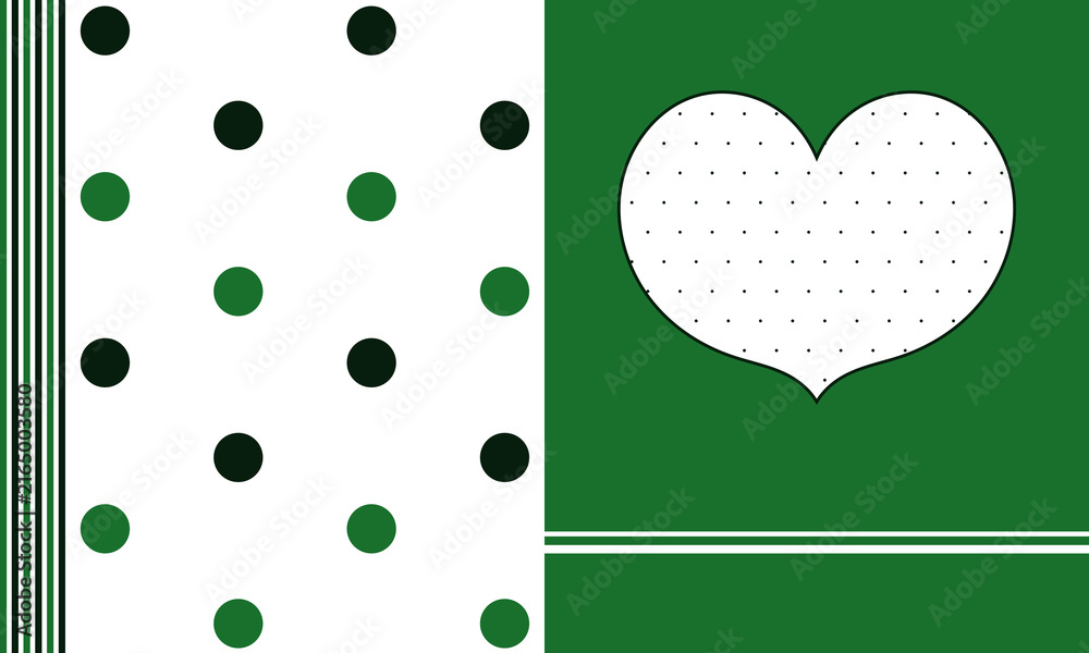 Fototapeta premium Green and white split memo card background with polka dots and heart frame