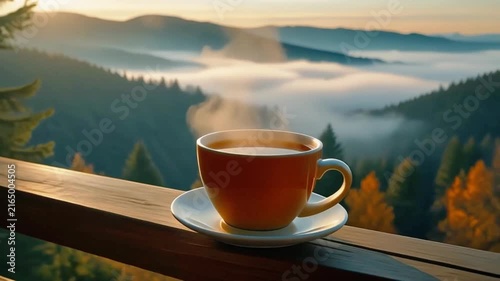 Steaming coffee cup resting on wooden balcony railing overlooking misty mountain range in motion video footage