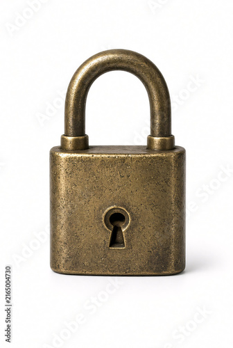 Antique brass padlock with aged metal texture isolated on a white background.