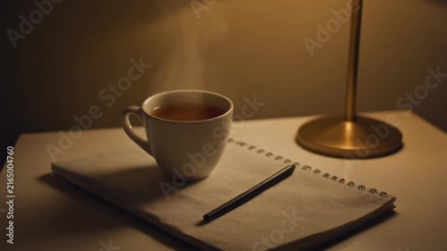 Steaming white ceramic tea cup resting beside lamp and journal in atmospheric night animation video footage