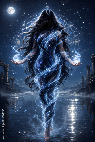Cosmic Water Goddess Controlling Magic Energy Under Moonlight