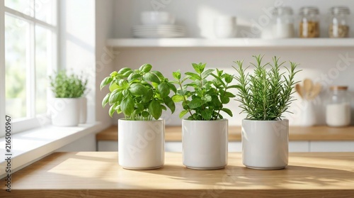 Fresh green herbs in ceramic pots on a kitchen counter for cooking and home gardening