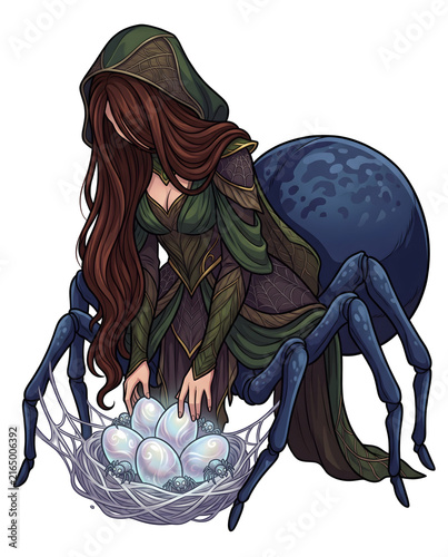 Fantasy spider woman guarding magical eggs in web nest