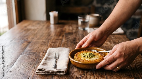 Hands serving a delicious kunafa dessert with pistachios on a rustic wooden table