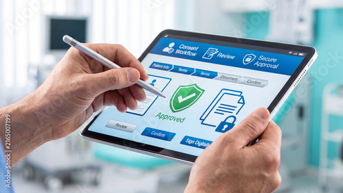 Medical professional's hands interacting with a tablet computer displaying an approved consent workflow, emphasizing secure digital documentation and modern patient management systems in a clinic.